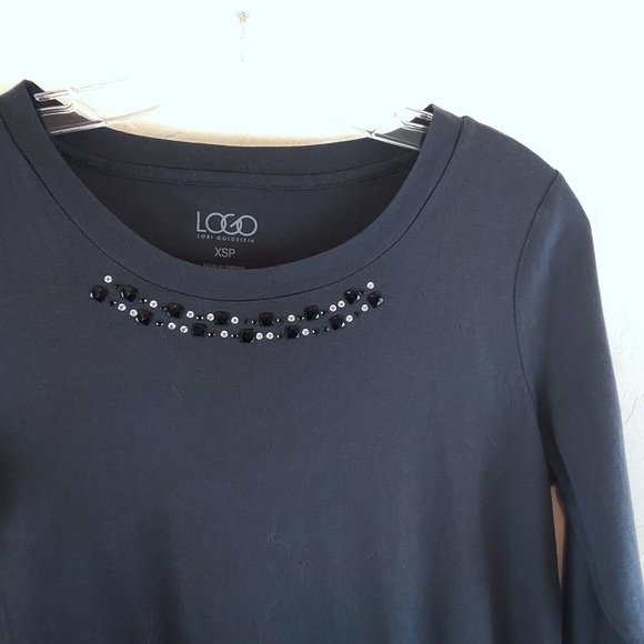 LOGO Lori Goldstein Womens Top Size XSP Gray 3/4 Sleeve Beaded Neck Pockets - Picture 2 of 6